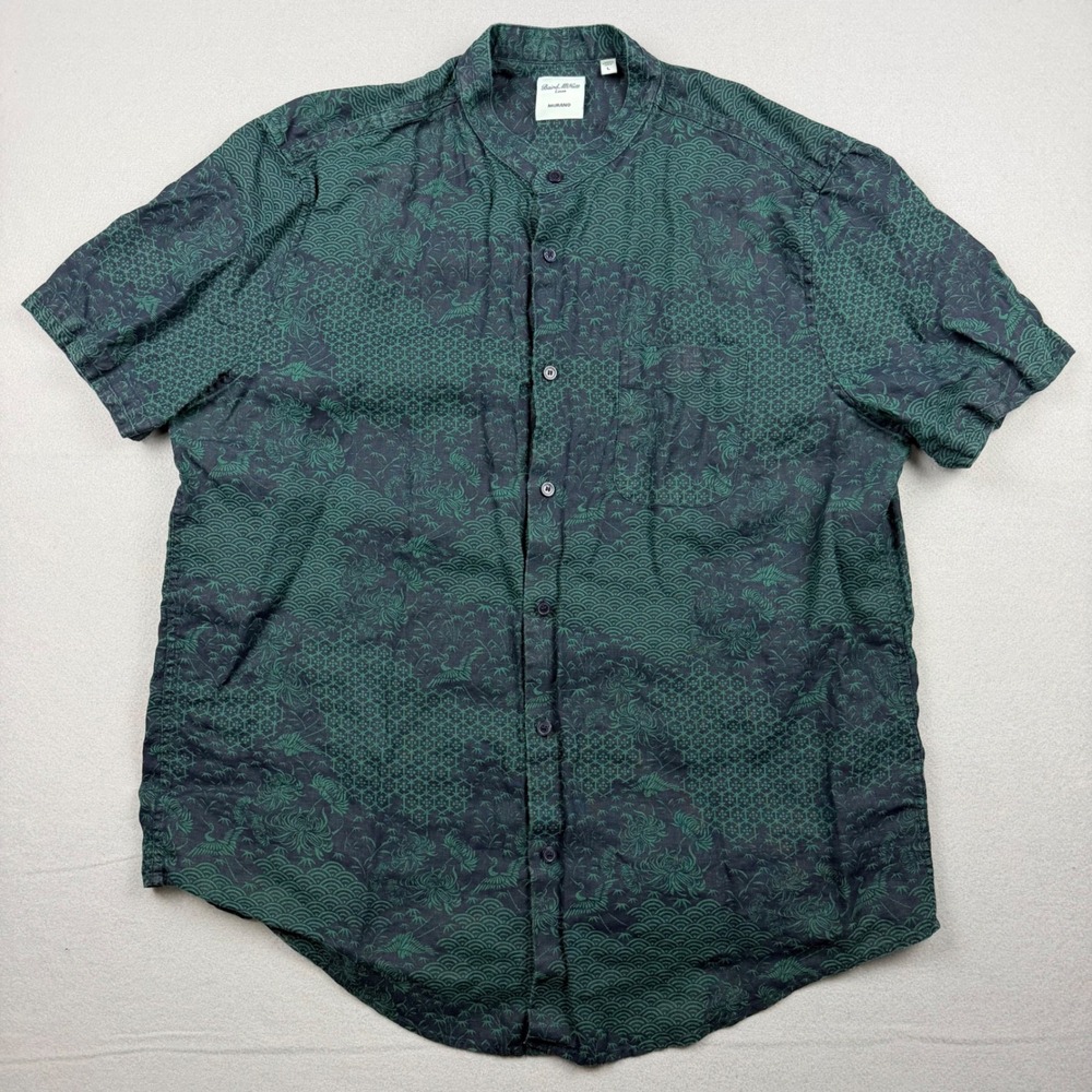 Murano Mens Large Baird McNutt Linen Green Japanese Wave Print Band Collar Shirt
